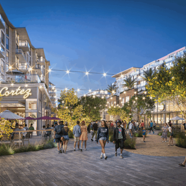 Rendering of Midway Rising showing a lively community with people walking, restaurants, and green public spaces